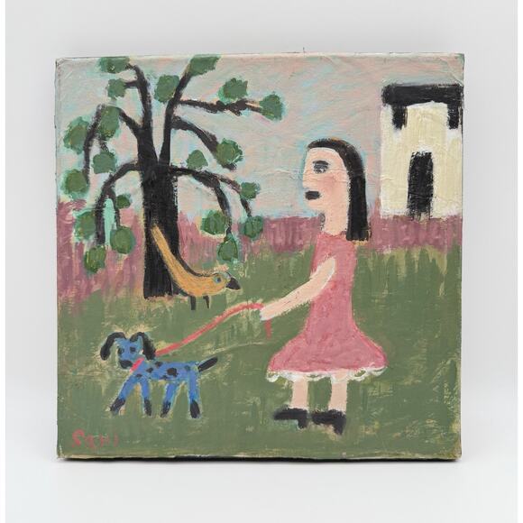 Walking the Dog #1112 Israeli Art Sari Noy Azaria 2013 Original Painting 10”x10”